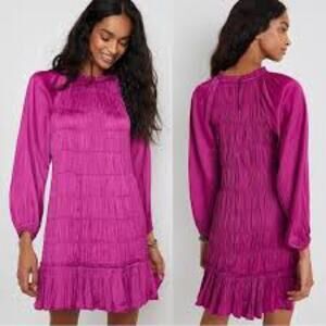 Anthropologie Maeve Tasha Smocked Magenta‎ Mini Dress Small Long Sleeve NWT